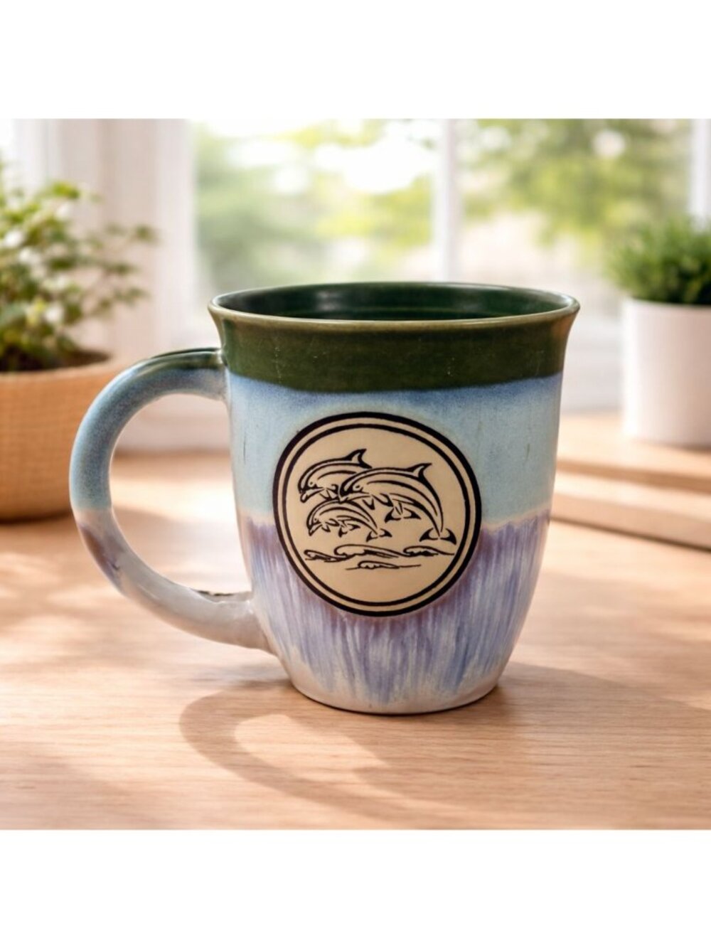 Handcrafted Ceramic Dolphin Mug Green Blue Ombre Glaze Coastal Vintage Style 12